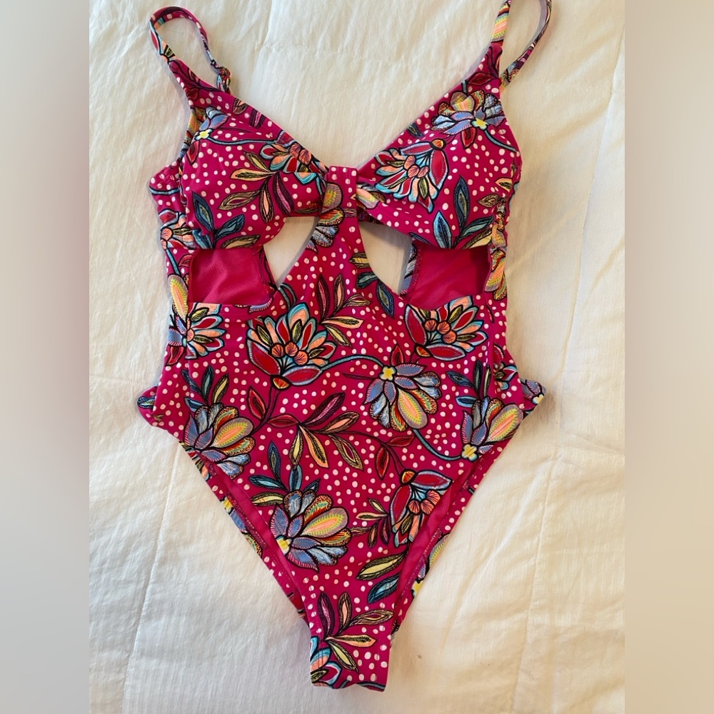 Floral Cutout One Piece Swimsuit Pink Polka Dot Monokini Tropical Prints Med EUC